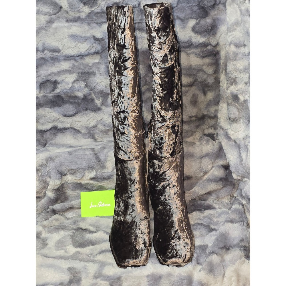 NWB Sam Edelman Issabel Coffee Crushed Velvet Square Toe Block Heel Boots SZ 9.5 - Picture 2 of 8